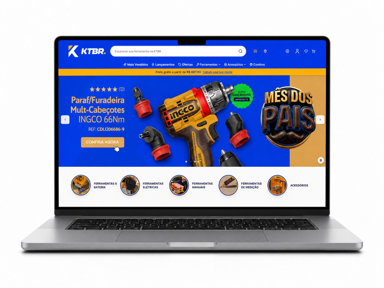 Loja online da KTBR aberta em um notebook, com ferramentas INGCO em destaque